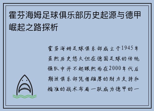 霍芬海姆足球俱乐部历史起源与德甲崛起之路探析